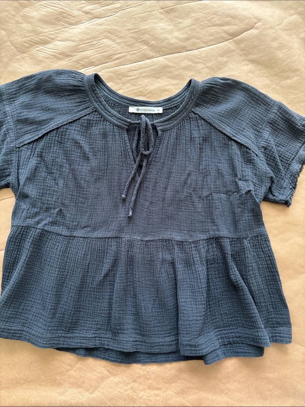 The Impeccable Pig Navy Gauze Peplum Tie-Neck Blouse